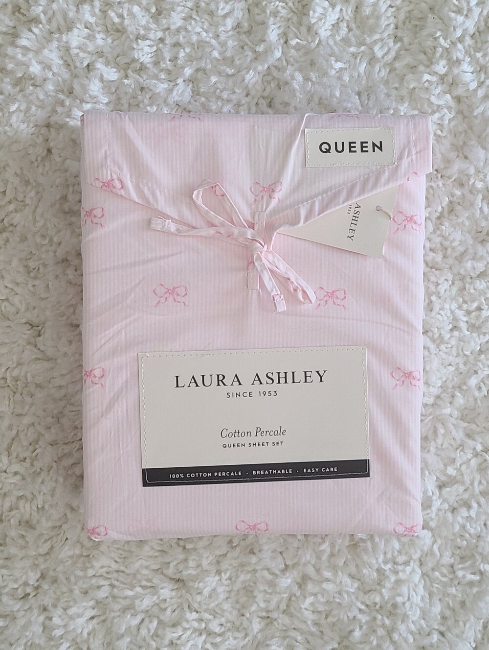 Laura Ashley Pink Bow Striped Queen Sheet Set
